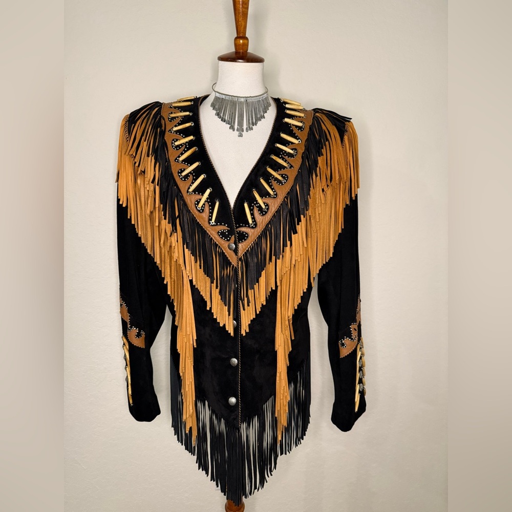 Vintage TRIBE AMERICA Leather Fringe Jacket – Made in USA, Size 16